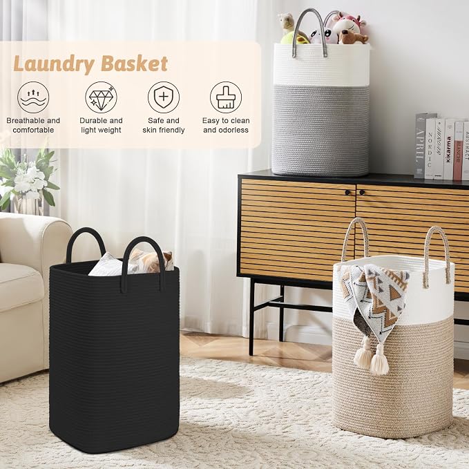 Laundry Basket, Woven Cotton Rope Laundry Hamper, 40L Versatile Storage - Image 4