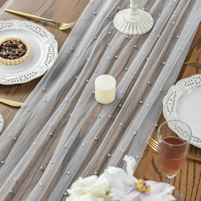 Artoid Mode Pearl Grey Gauze Table Runner 59x120 Inch, Seasonal Sheer Kitchen - Image 4
