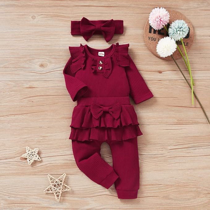 Aalizzwell Preemie Newborn Infant Baby Girls Clothes Ribbed Bodysuit Pants Set - Image 2