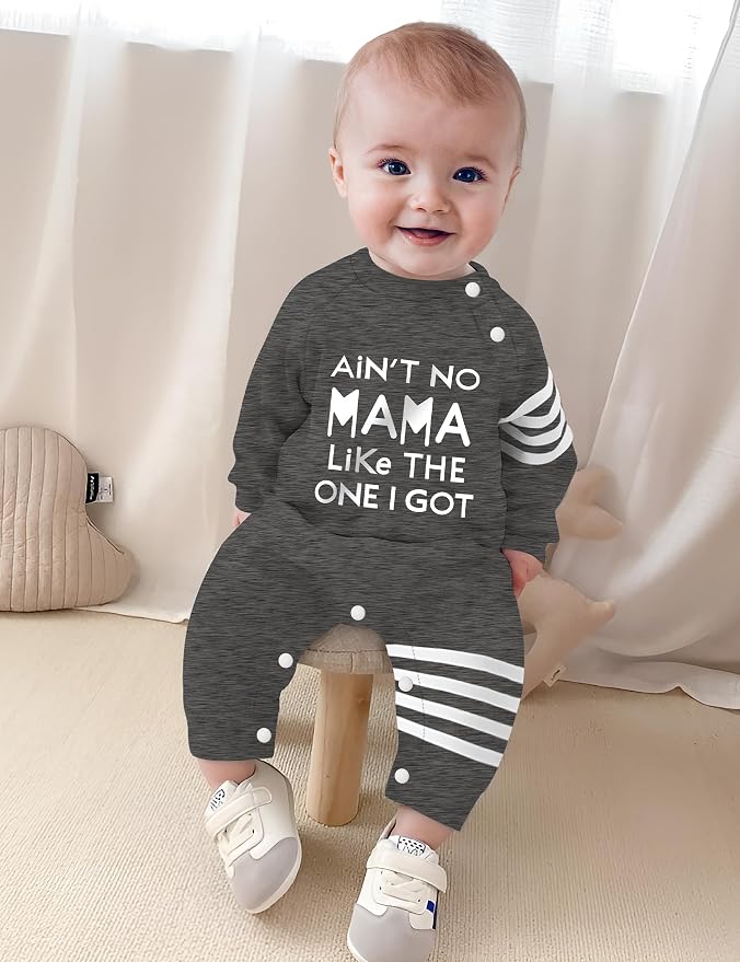 Baby Boy Clothes Infant Mamas Print Romper Stripe Sleeve Outfits Fall Winter - Image 4