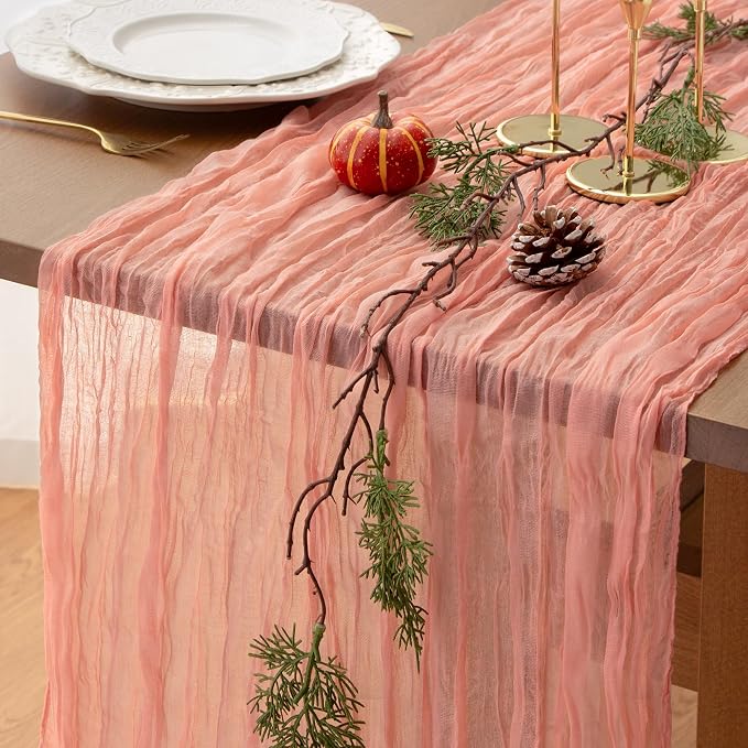 FEXIA Pink Cheesecloth Table Runner Spring Easter Table Runner 35x120 Inches - Image 3