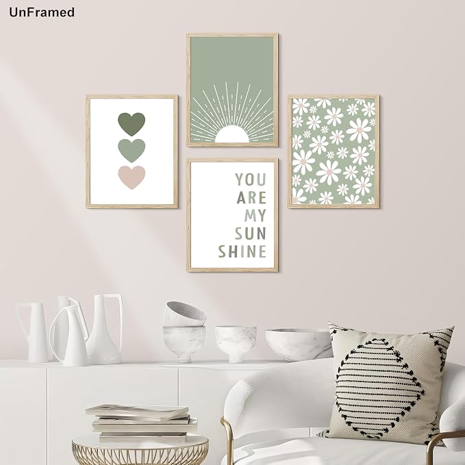 Boho Wall Art Set of 4 Sage Green Nursery Wall Decor You Are My Sunshine Canvas - Image 3