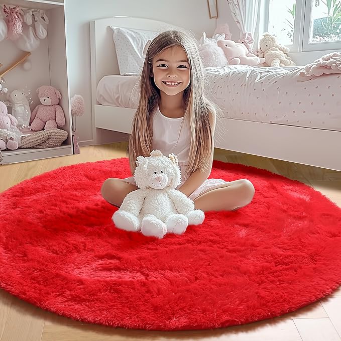 ONASAR Red Round Area Rug 4x4, Soft Bedroom Circle Rugs Floor Mat by ONASAR