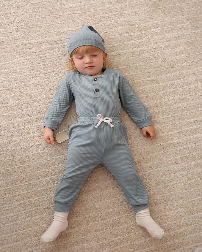 NZRVAWS Newborn Baby Boy Clothes Long Sleeve Romper Pant Set Hat 2-Pack Infant - Image 6