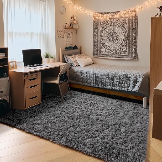 ONASAR Grey Fluffy Rugs for Bedroom, 3x5 Gray Bedside Area Rug, Washable Ultra by ONASAR
