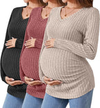 Ficerd 3 Pack Women's Maternity Shirts Ribbed Long Sleeve Pregnancy Tops V Neck by Ficerd