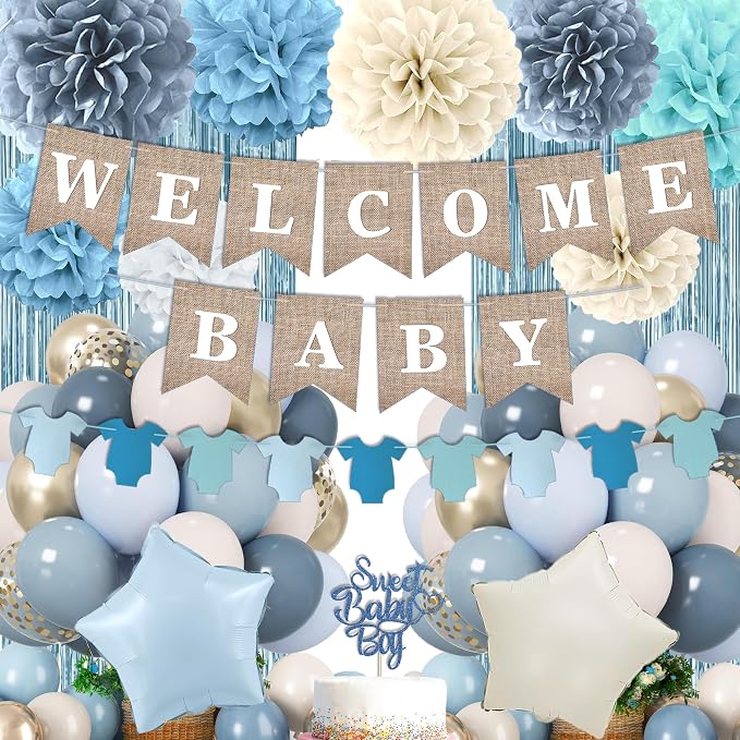 Dusty Blue Baby Shower Decorations- Boy Baby Shower Decor Set with- Welcome by Unknown