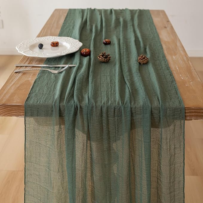 3Pcs Forest Green Gauze Rustic Cheesecloth Table Runner 120 Inch 10 FT - Image 3