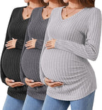 Ficerd 3 Pack Women's Maternity Shirts Ribbed Long Sleeve Pregnancy Tops V Neck by Ficerd