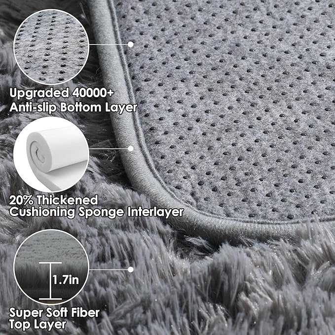 ONASAR Grey Fluffy Rugs for Bedroom, 3x5 Gray Bedside Area Rug, Washable Ultra - Image 3