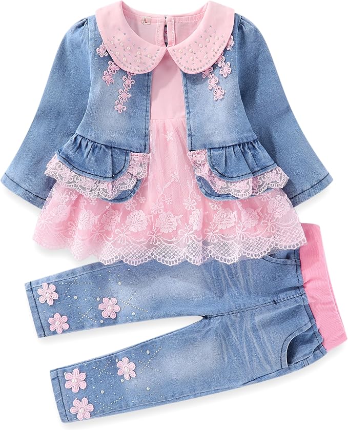 Peacolate 6M-4Years Spring Fall Baby Girls Clothing Set 3pcs Long Sleeve Dress by Peacolate