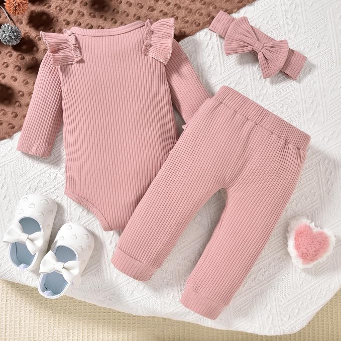 Aalizzwell Preemie Newborn Infant Baby Girls Clothes Ribbed Bodysuit Pants Set - Image 5