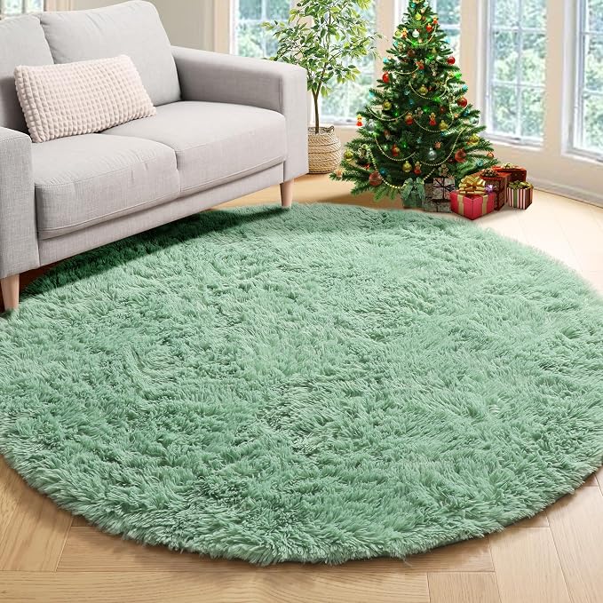 ONASAR Sage Green Round Area Rug 4ft, Fluffy Soft Bedroom Circle Rugs by ONASAR