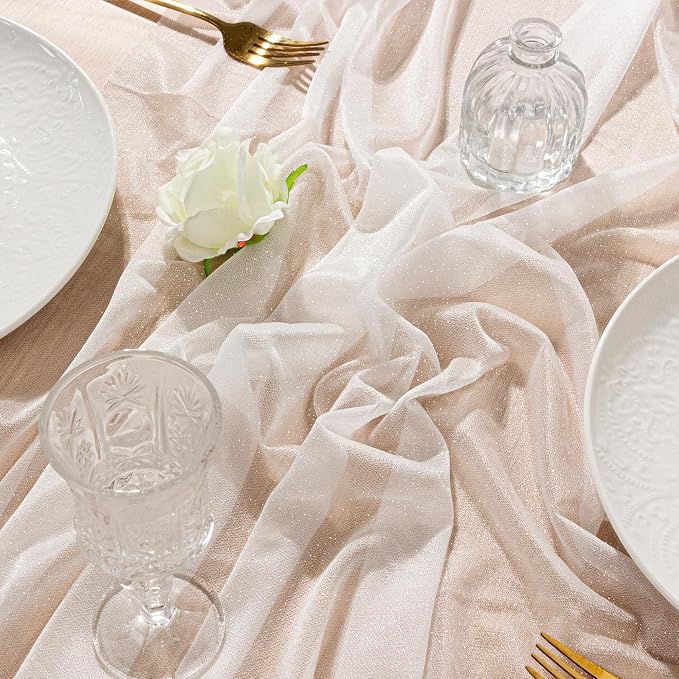 FEXIA White Chiffon Table Runner Sheer Sparkling Chiffon Fabric Bridal Party by FEXIA
