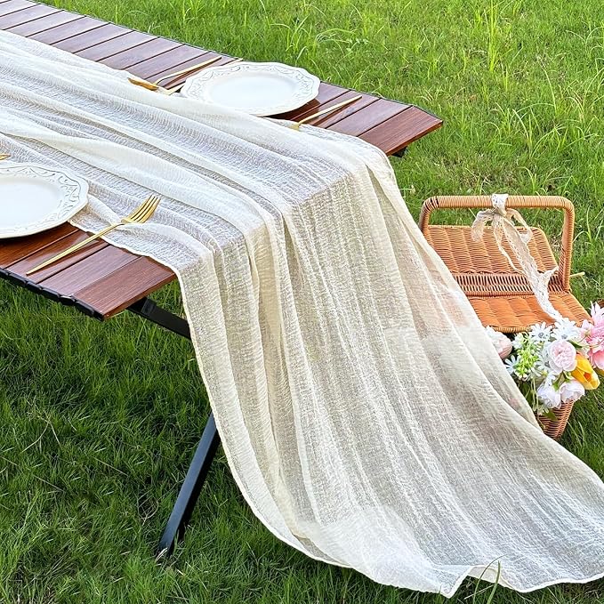 FEXIA Beige Table Runner Ivory Cheesecloth Table Runner 30x118 Inches Rustic - Image 4
