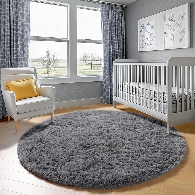 ONASAR Grey Round Area Rugs 5ft, Fluffy Plush Shaggy Carpet - Image 8