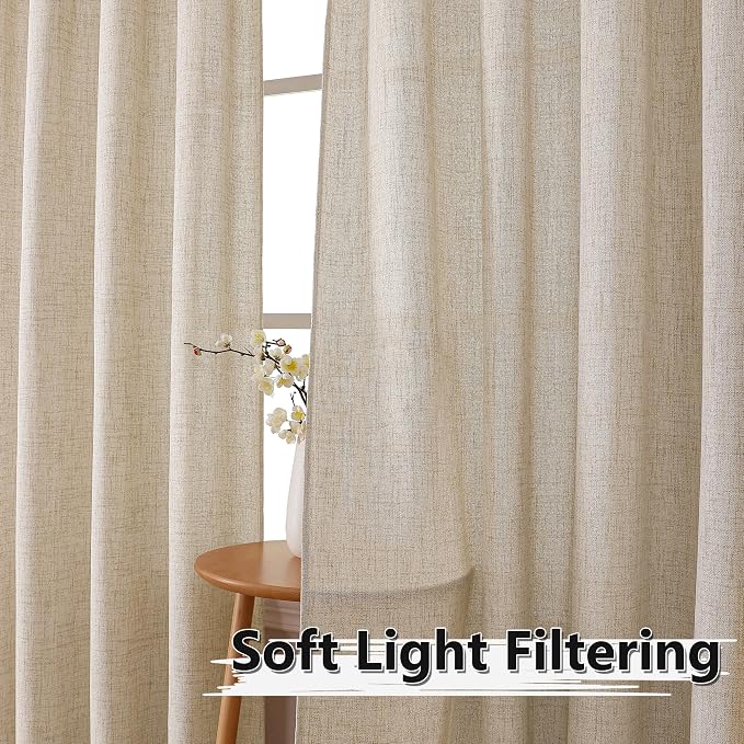 Tollpiz Short Linen Curtain Bedroom Rod Pocket Semi Sheer Curtains Burlap Light - Image 2