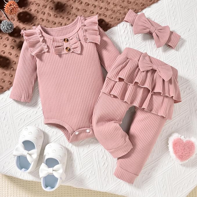 Aalizzwell Preemie Newborn Infant Baby Girls Clothes Ribbed Bodysuit Pants Set - Image 4