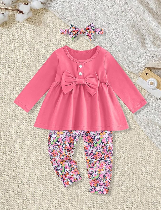 oklady Toddler Baby Girl Clothes Solid Color Ruffle Tops Floral Pants - Image 2